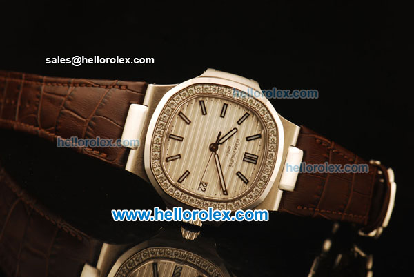 Patek Philippe Nautilus Swiss ETA 2824 Automatic Steel Case with Diamond Bezel and White Dial-Brown Leather Strap 1:1 Original - Click Image to Close